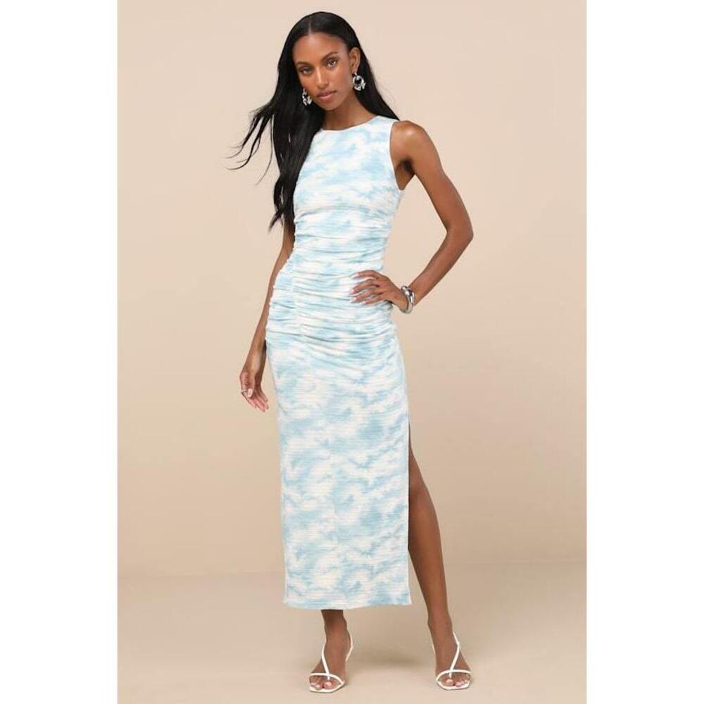 Lulus Larah Blue And Ivory Tie-dye Textured Knit Ruched Midi Dress - Size S